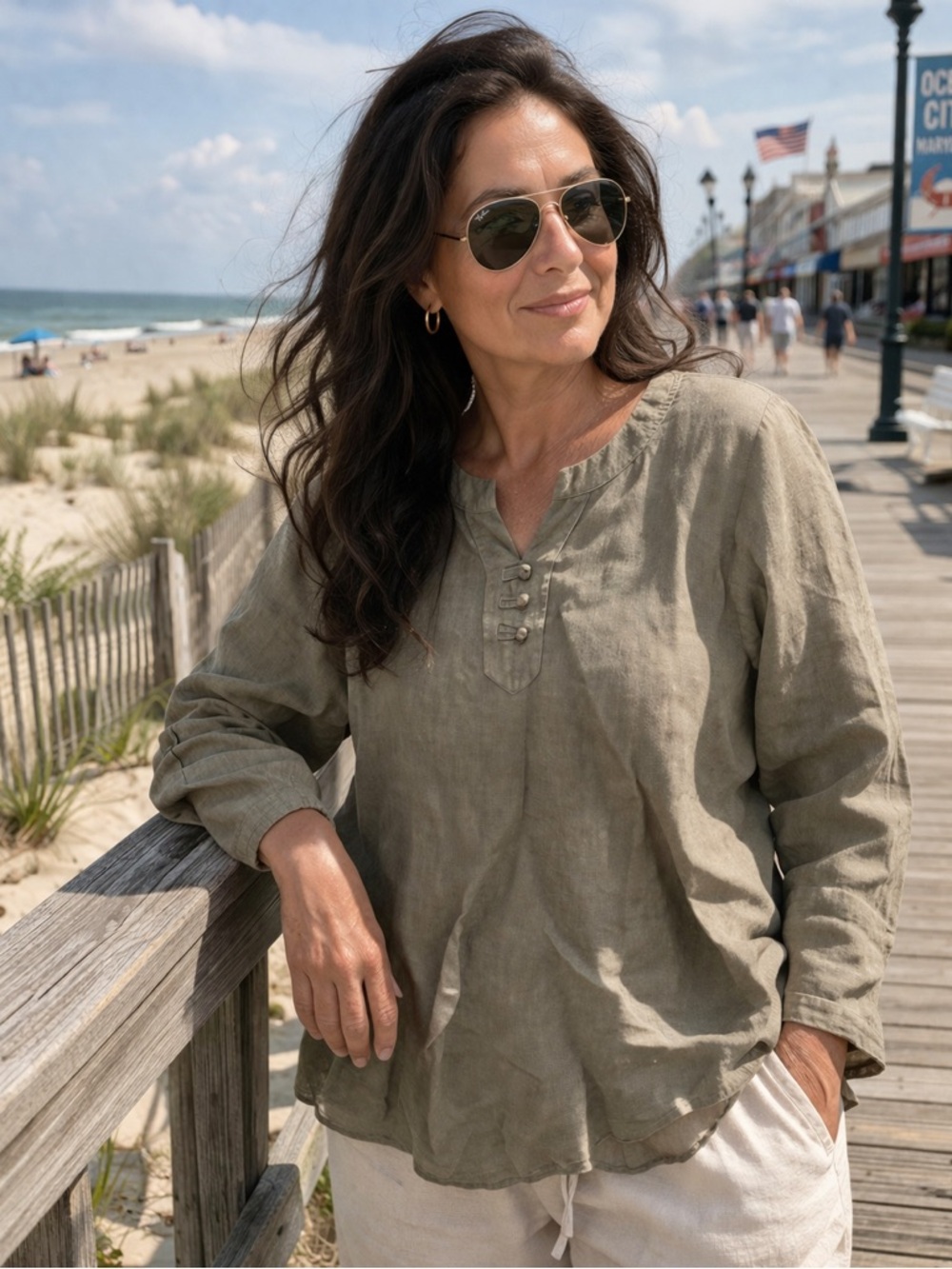 J. Jill Olive Beige 100% Linen Tunic Shirt Lightweight Knotted Buttons Size L